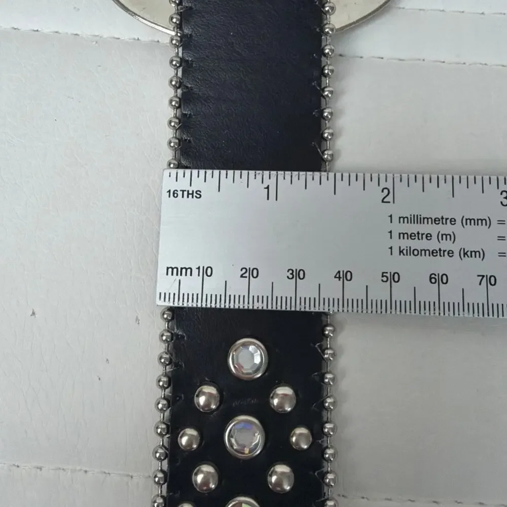 Leather Rhinestone Studded Western Belt Crystal Buckle Y2K Size S Festival Rodeo